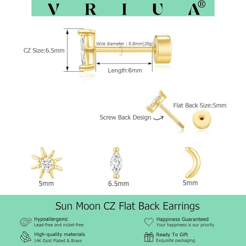 VRIUA 20G Tiny Flat Back Earrings for Women - 14K Gold/Silver Plated Small Flat Back Stud Earrings Hypoallergenic Cartilage Helix Piercing Jewelry - color: 4/5/6mm-Sun Moon Flat Gold