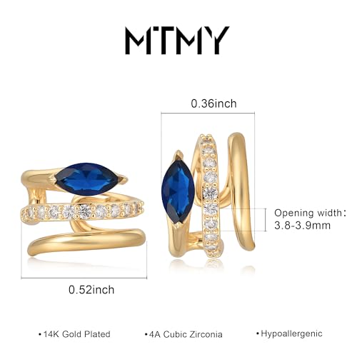MTMY Gold Ear Cuff Earring for Women 14K Gold Plated Cubic Zirconia Non-Pierced Clip on Cartilage Chunky Ear Cuffs Hypoallergenic Jewelry - style: blue eye / pair