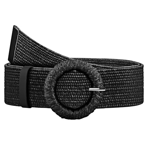 Straw Woven Elastic Belt for Women, Boho Braided Raffia Waist Belt, Stretch Rattan Belt for Summer Dresses - color: Round Buckle-black, size: M: Fit waist size up to 35"