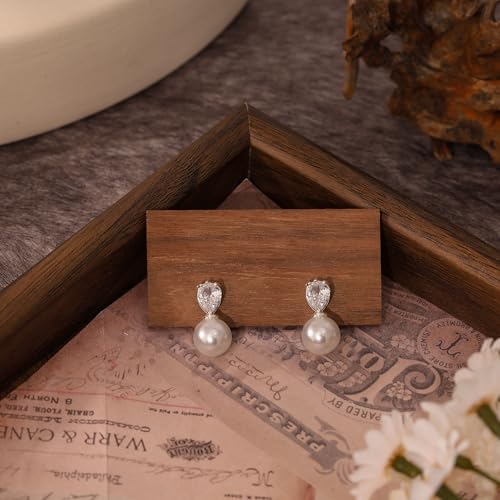Pearl Earrings for Women, Dainty Wedding Bridal Earrings 14k Gold Plated CZ Pearl Drop Earrings for Women Trendy Hypoallergenic Unique Gold Drop Earrings Fashion Prom Jewelry - color: Silver-A