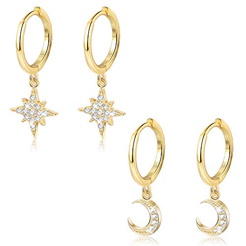 MILACOLATO 925 Sterling Silver Hoop Earrings for Women 18K Gold/Rhodium Plated Drop Dangle Hoop Earrings with Charms Cross Spike Moon Star Paperclip Link Statement Earrings Convertible Link Huggie Earrings Hypoallergenic - color: Gold Tone : 1Pairs CZ Sta