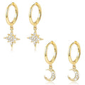 MILACOLATO 925 Sterling Silver Hoop Earrings for Women 18K Gold/Rhodium Plated Drop Dangle Hoop Earrings with Charms Cross Spike Moon Star Paperclip Link Statement Earrings Convertible Link Huggie Earrings Hypoallergenic - color: Gold Tone : 1Pairs CZ Sta