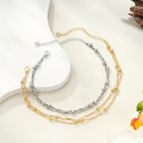 Ankle Bracelets for Women - 14K Gold Plated Waterproof Cuban Water Wave Chain Beads Rhinestone Anklets Set Layered Anklet Bracelets for Women Gold Jewelry Gift - color: Gold - Cable Chain