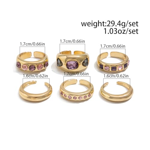 Chunky Gold Rings for Women Non Tarnish Silver Chunky Rings Set Adjustable Thick Statement Ring Gold Stackable Ring for Women Trendy Fashion Silver Jewelry - style: Style8-Purple Gemstone 6Pcs