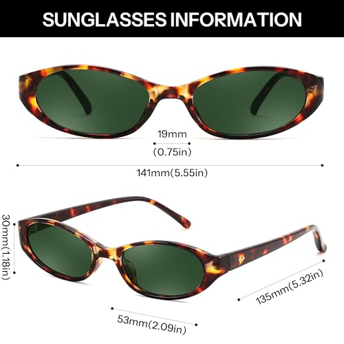 FEISEDY Retro Oval Womens Sunglasses, Trendy Cat Eye Skinny Chic Narrow Y2K 90s Small Sunnies B9177 - color: Leopard Frame - Dark Green