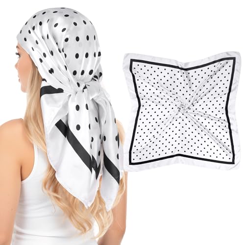 Pistha Head Scarf Bandana for Women, Satin Scarf for Hair, Large Square Silk Bandana Headscarf for Women and Men 35 Inch - style: Dot-white