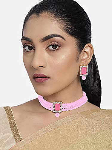 Aheli Ethnic Choker Necklace Earrings Wedding Bollywood Party Jewelry Set Gift for Women - color: Pink
