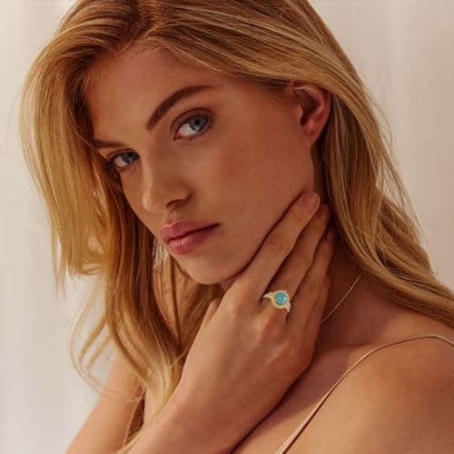 Genuine Turquoise Rings 14K Yellow Gold Rings Nature Gemstone Real Turquoise Jewelry for Women