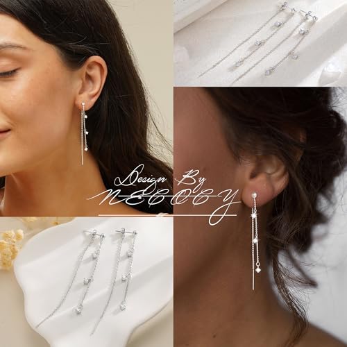 NECOCY Gold Dangle Earrings for Women Non Tarnish 14K Gold Plated Drop Wedding Hypallergenic Earring Dainty Long Hanging Chain CZ Pearl Threader Earrings Trendy Silver Plated Jewelry for Women - style: Silver&Style8