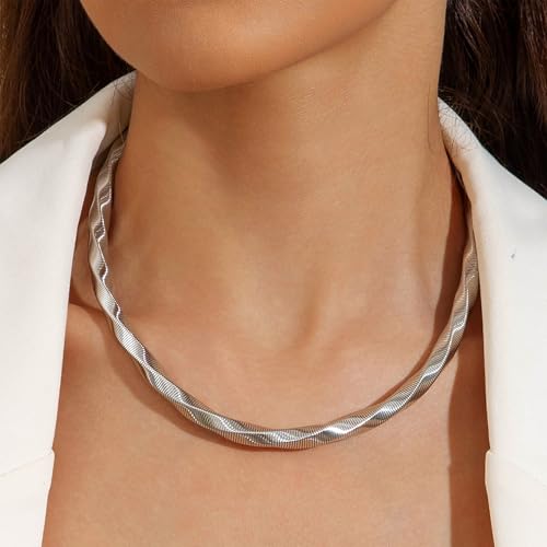 Chunky Gold Collar Choker Statement Necklace for Women Trendy | Gold Plated Layered Twist Flat Thick Snake Herringbone Chain African Torque Necklace Prom Boho Necklaces Party Jewelry Gift - style: Twist Link Chain/Silver