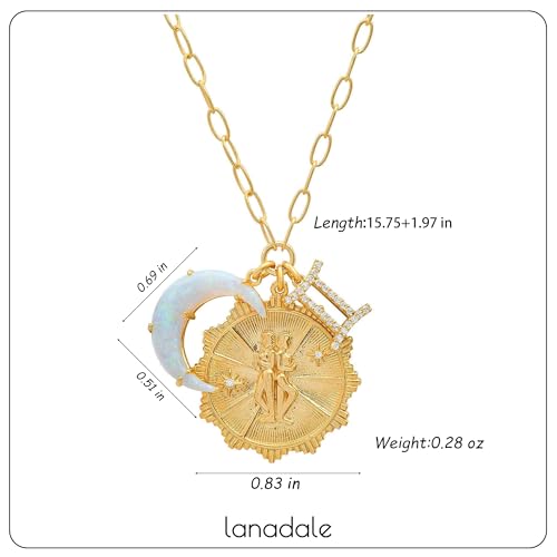 Dainty Gold Zodiac Embossed Coin Opal Crescent Moon Charm Necklace for Women Trendy 18K Gold Plated Retro Paperclip Chain 12 Constellation Horoscope Necklaces Astrology Jewelry Gifts - style: 3.GEMINI (MAY 21-JUN 20)