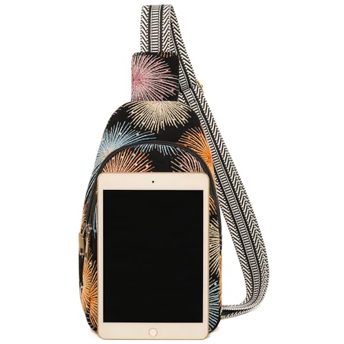 SILKAREA Canvas Sling Bag for Wome Crossbody Purse Small Sling Backpack Purse Travel Hiking Chest Bag Daypack - color: Embroidered Fireworks Black