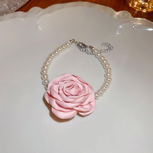 Vintage Imitation Pearl Bracelet with Rose Flower Charm Dainty Pearl Wrist Band Boho Rose Hand Accessories for Women Bridal Wedding Prom Festival - color: Pink