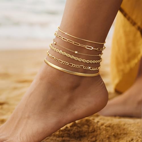 VIROMY Gold Ankle Bracelets for Women - Layered Anklets for Women Waterproof Beach Jewelry Gifts - color: Anklet I-Gold
