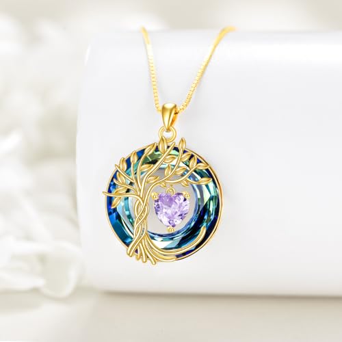 POPLYKE Mothers Day Gifts for Mom Her Wife Tree of Life Necklace 925 Sterling Silver Birthstone Pendant with Crystal Anniversary Birthday Wedding Jewelry for Women - color: 06-Jun-Alexandrite, style: 18K Gold Plated-Blue Crystal