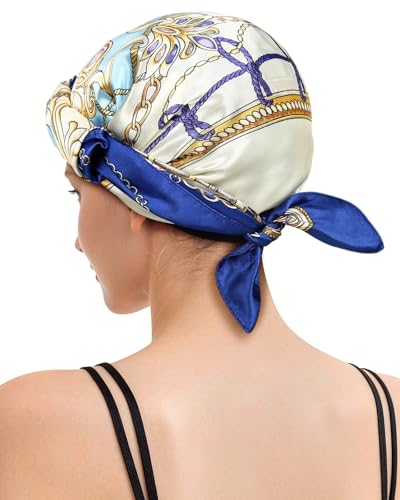Satin Scarf 2 in 1 Wrap Cap Hair Net for Silk Press, Soft Headband Hair Net with Silk Like Scarf for Sleeping - color: Nautical Anchor