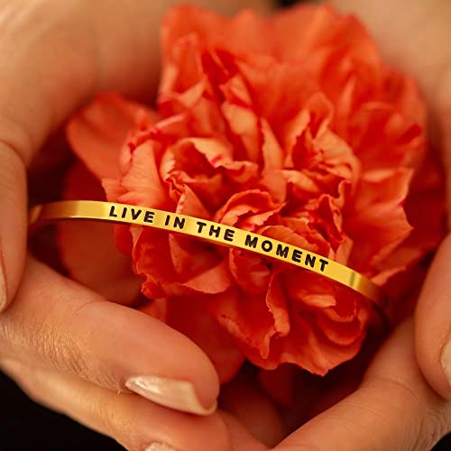 MantraBand - Mantra Band Bracelet - Gold color - Inspirational Engraved Adjustable Cuff - Gifts for Women, Sisters, Friends, Family - style: LIVE IN THE MOMENT