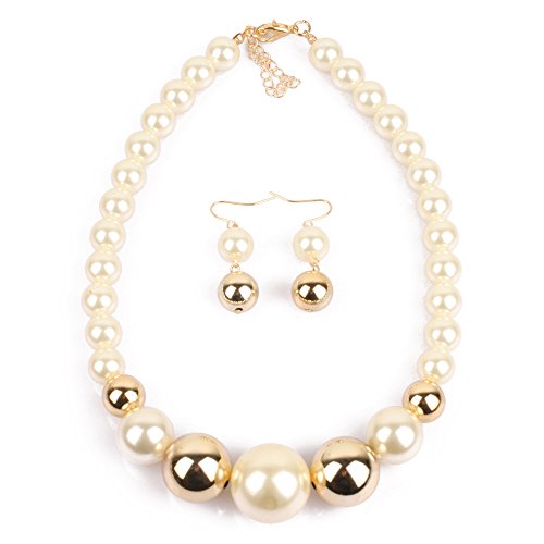 Fuqimanman2020 Chunky Large Simulated Pearl Choker Necklace Drop Dangle Earrings Crystal Bib Big Round Beaded Strand Multicolor Costume Statement Wedding Jewelry Set for Women Brides - color: White B