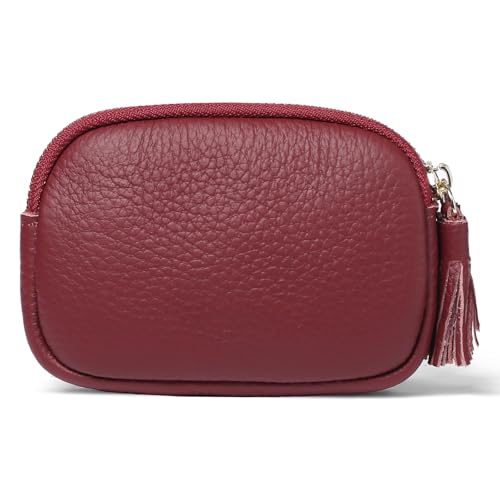 SENDEFN Coin Purse Keychain Small Genuine Leather Women Wallet 2 Zippers Around Key Ring Change Pouch Cash Holder - color: 3-Red