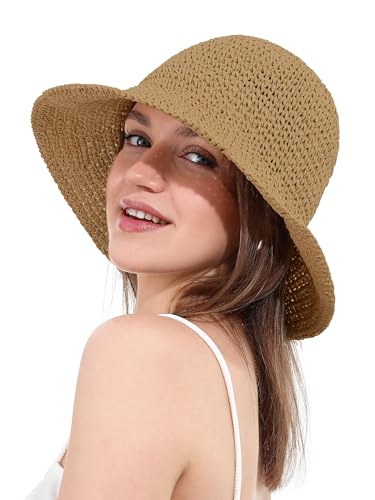 Womens Sun Hat Handmade Crochet Straw Bucket for Summer Foldable Travel Cap - color: Khaki