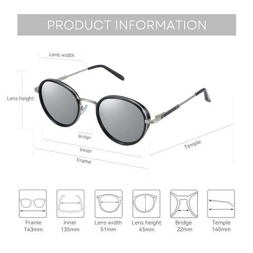 ZENOTTIC Retro Round Polarized Steampunk Sunglasses for Men Women-Circle Vintage Design Metal Frame UV400 Shades - color: C01 Silver Frame Silver Lens