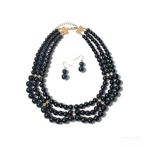 Fuqimanman2020 Chunky Large Simulated Pearl Choker Necklace Drop Dangle Earrings Crystal Bib Big Round Beaded Strand Multicolor Costume Statement Wedding Jewelry Set for Women Brides - color: Black Set