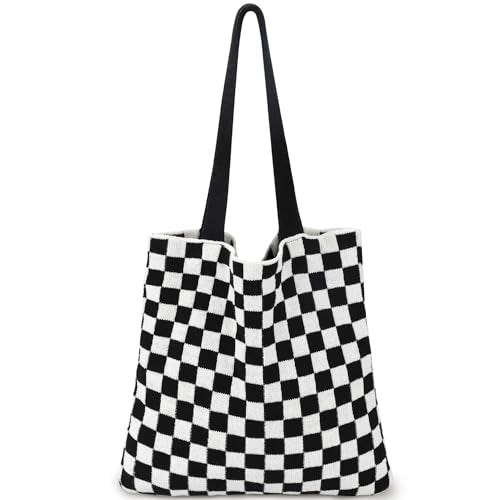 Ayieyill Crochet Tote Bag For Women, Crochet Mesh Beach Tote Bag Summer Vacation Aesthetic Boho Knit Bag for Women - color: N/Black Check