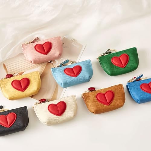 Red Heart Design Small Coin Purse - Cute Compact Keychain Change Purse Soft Leather Wallet with Zipper for Women (Brown) - color: Brown