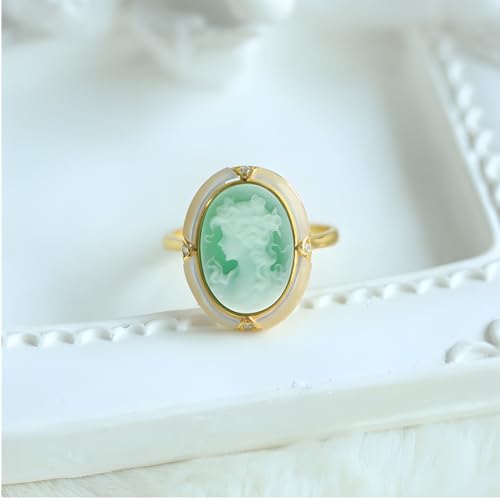 Victorian Cameo Ring in Shell Frame, Antique Agate Cameos Silhouette Rings Adjustable, Vintage Retro Art Deco Cameo Jewelry for Women - color: Green,b