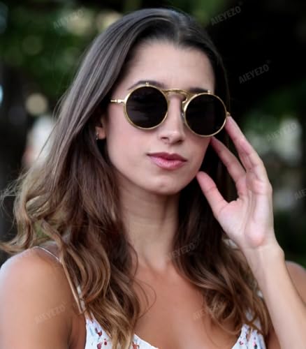 AIEYEZO Round Flip Up Sunglasses for Men and Women Rave Flip Glasses 90's Retro Steampunk Style - color: A1 Gold/Grey