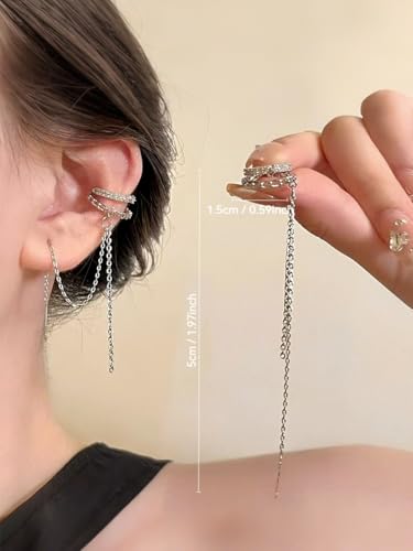 Silver Chain Earrings for Women Dainty Tassel Chain Hoop Earrings Layered Non Piercing Fake Earring Y2K Drop Dangle Cuff Earring Crystal Huggie Clip Hoops Gift for Her - style: Style2