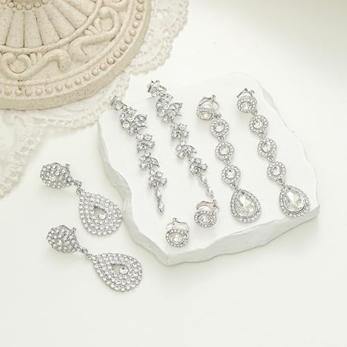Clip on Earrings for Women Non Pierced Long Tassel Teardrop Chandelier Dangle Drop Earring Rhinestone CZ Earrings Clip Wedding Party Prom Stage Jewelry for Brides Bridesmaids Silver Plated