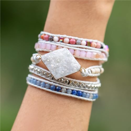 YGLINE Boho Handmade Wrap Leather Tube Crystal Stone Bracelet for Women - color: Druzy Stone