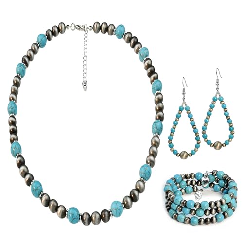 4 PCS Western Turquoise Jewelry for Women Boho Vintage Navajo Pearl Necklace Earring Bracelet Ring Set Country Cowgirl Accessories for Gift - color: E-Blue（No Ring）