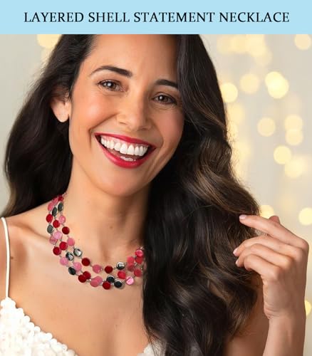 Noessla Layered Beaded Chunky Necklace for Women Boho Two-color Shell Statement Necklace Fashion Collar Costume Jewelry Gifts for Mum - color: Red