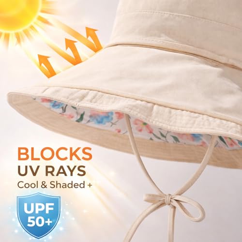 Wide Brim Sun Hat for Women Reversible Beach Hats Metal Wired Edge Gardening Hats, UPF 50+ Bucket Summer Hat - color: Beige