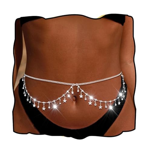 Rhinestone Waist Chains Crystal Waist Chain with Pendant Abdominal Chain Thin Minimalist Body Chain Jewelry for Women Beach Rave - style: B-Star-Sliver