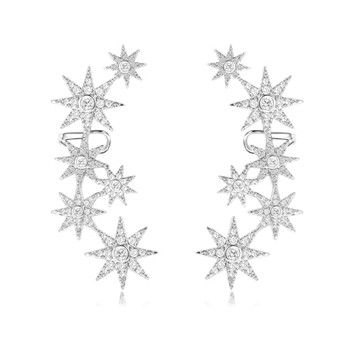 Star Crystal Ear Cuff Earrings for Women Rhinestone Ear Climber Earrings Cubic Zirconia North star Ear Crawler Earrings for Mom Wife - color: Silver
