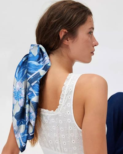 AWAYTR 27.5” Square Satin Head Scarf Hair Scarf for Women's Hair Silk Bandana for Women Silk Head Wrap for Sleeping - color: Flower (Blue)