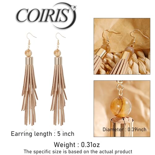 Coiris Boho Leather Layered Tassel Earrings for Women Lightweight Leather Fringe Dangle Earrings Handmade Bohemian Summer Beach Western Drop Earrings for Women - color: Khaki