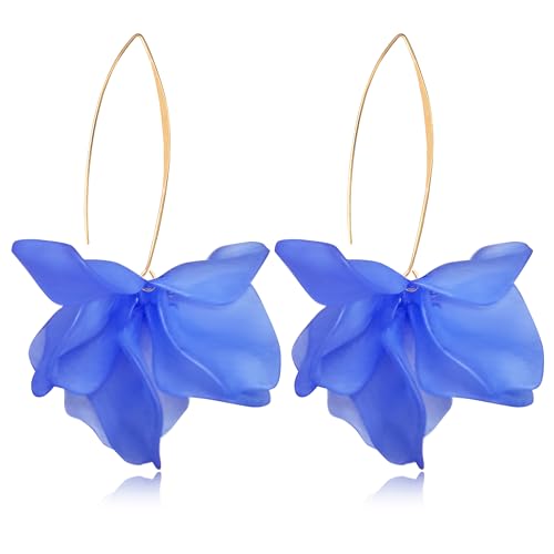 Exaggerated Bohemian Resin Rose Flower Petal Dangle Drop Earrings Long Acrylic Tiered Floral Tassel Earring for Women - color: Royal blue