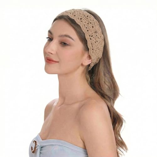 ZLYC Women Floral Headband Handmade Crochet Knit Vintage Hair Bands (Plain Khaki) - color: Plain Khaki