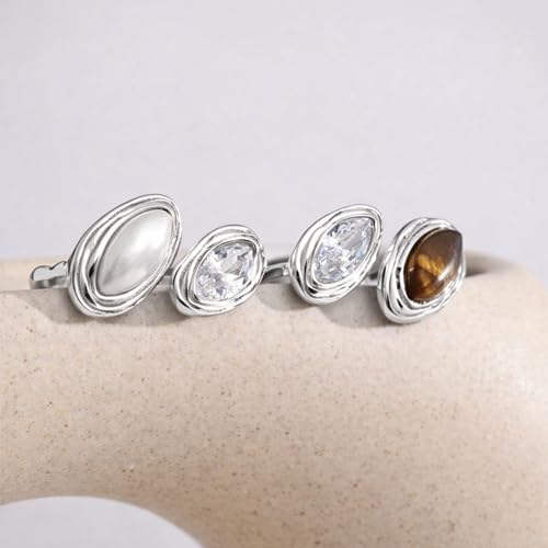 Mchic Adjustable Chunky Rings for Women: Dainty Natural Gemstone Ring Stainless Steel 18K Gold/Silver Plated Band Rings Non Tarnish Waterproof Statement Fashion Jewelry Gift for Women - color: Silver+Mother Pearl+Cubic Zirconia