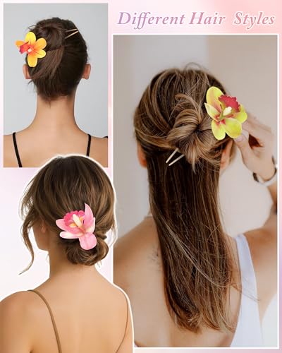 WELROG 3 Pack Hawaiian Orchid Flower Hair Pins,Metal Hair Sticks for Beach Vacation,Non-Slip Fork for Thick Hair Updo - color: Yellow+Pink+Greem