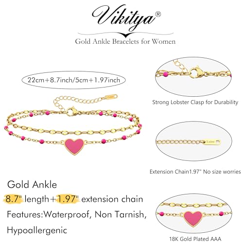 Summer Beach Jewelry Gift-Layered Gold Ankle Bracelets for Women - Waterproof 18k Gold Plated Hot Pink Heart Anklets Non Tarnish Come with Box - color: HEART