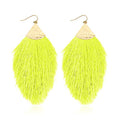 Bohemian Silky Thread Fan Fringe Tassel Statement Earrings - Lightweight Strand Feather Shape Dangles - color: Feather Fringe - Neon Yellow