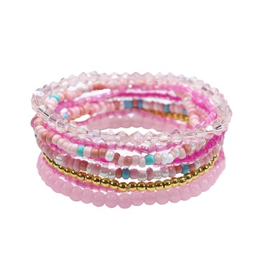 Pingyongchang Boho Colorful Beads Stackable Bracelets Set for Women Handmade Multicolor Seed Crystal Layered Stretch Bracelets Retro Country Holiday Beach Trendy Jewelry Gifts - color: Light Pink