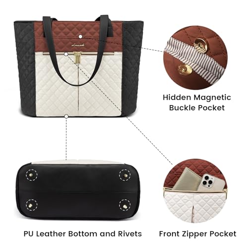 LOVEVOOK Laptop Bag for Women 15.6 inch,Diamond Quilted Work Tote Bags Womens Computer Shoulder Bags,Stylish Travel Tote Bags Laptop Purse Briefcase Handbag with Clutch Purse,Brown-Black-White - color: Brown-black-white Apricot(quilted), size: 15.6 Inch