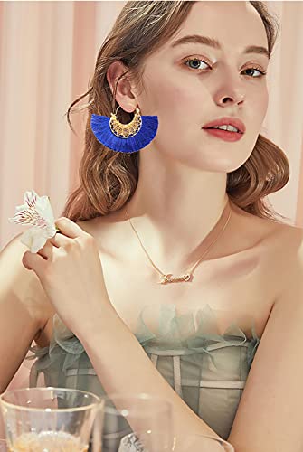 Tassel Hoop Earring Statement Thread Dangle Earrings Stylish Long Fringe Drop Earrings Lightweight Long Swingy French Hook Earrings for Women - color: B Sapphire Blue