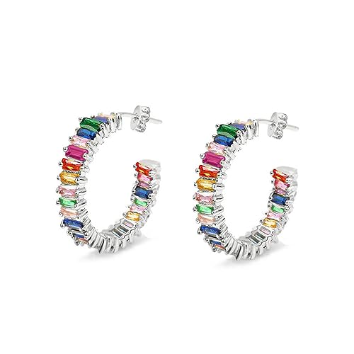 Savlano 14K Gold Plated Cubic Zirconia Multicolor Rainbow Round Hoop Stud Earrings for Women Comes with a Gift Box - color: White Gold